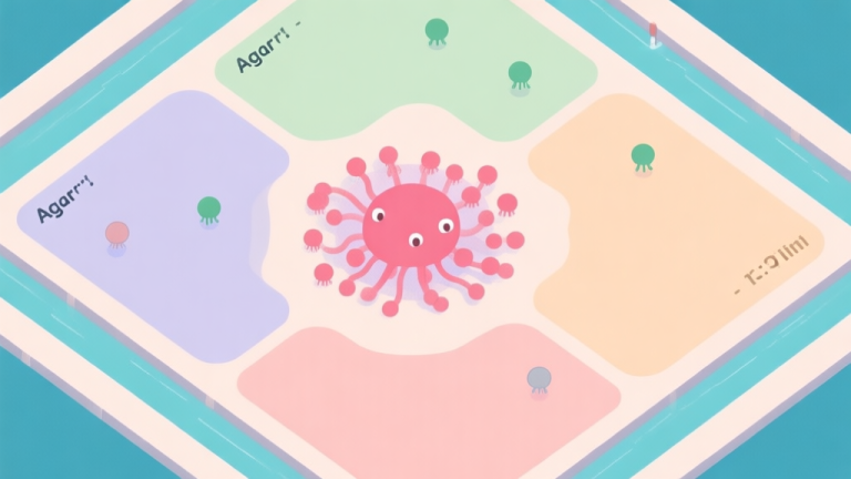 自动生成图片: Top-down view of an Agar.io game map divided into conceptual zones with soft color overlays, showing high-density center and quieter edges, minimalist design with pastel colors high quality illustration, detailed, 16:9