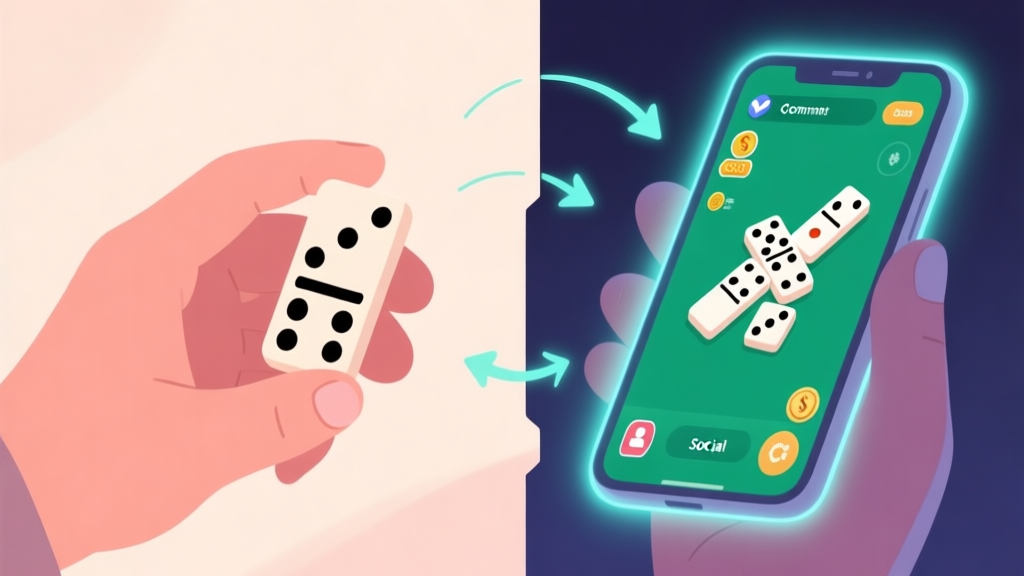 A split-screen illustration showing a hand holding physical domino tiles on one side and a glowing smartphone displaying a domino game app on the other, with subtle arrows pointing to different elements like cost, accessibility, and social interaction, in a soft color palette high quality illustration, detailed, 16:9