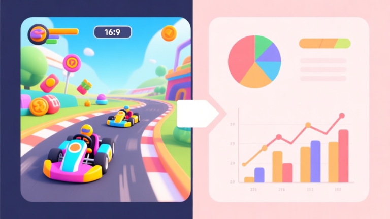 自动生成图片: A split-screen illustration showing a vibrant, cartoonish racing game scene on one side (with colorful karts and items) and analytical charts/graphs on the other, connected by a subtle arrow, using a soft pastel color palette high quality illustration, detailed, 16:9