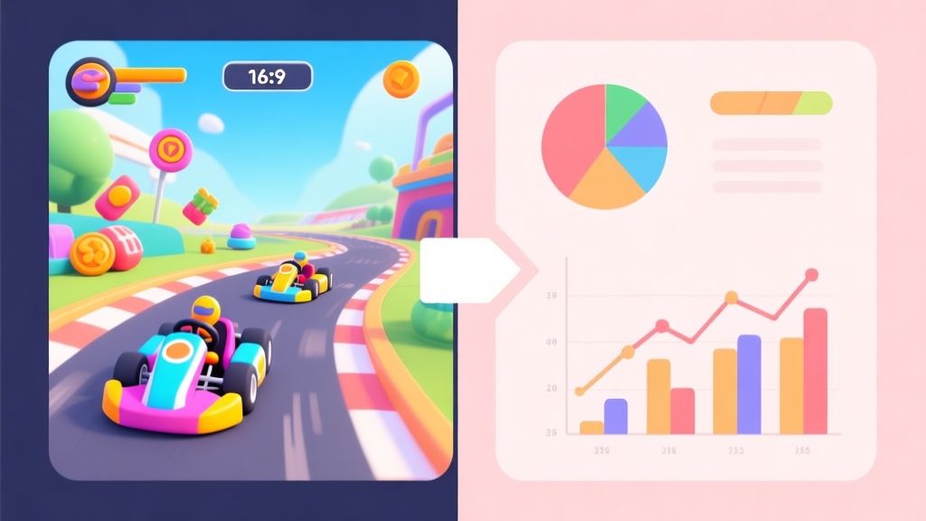 A split-screen illustration showing a vibrant, cartoonish racing game scene on one side (with colorful karts and items) and analytical charts/graphs on the other, connected by a subtle arrow, using a soft pastel color palette high quality illustration, detailed, 16:9