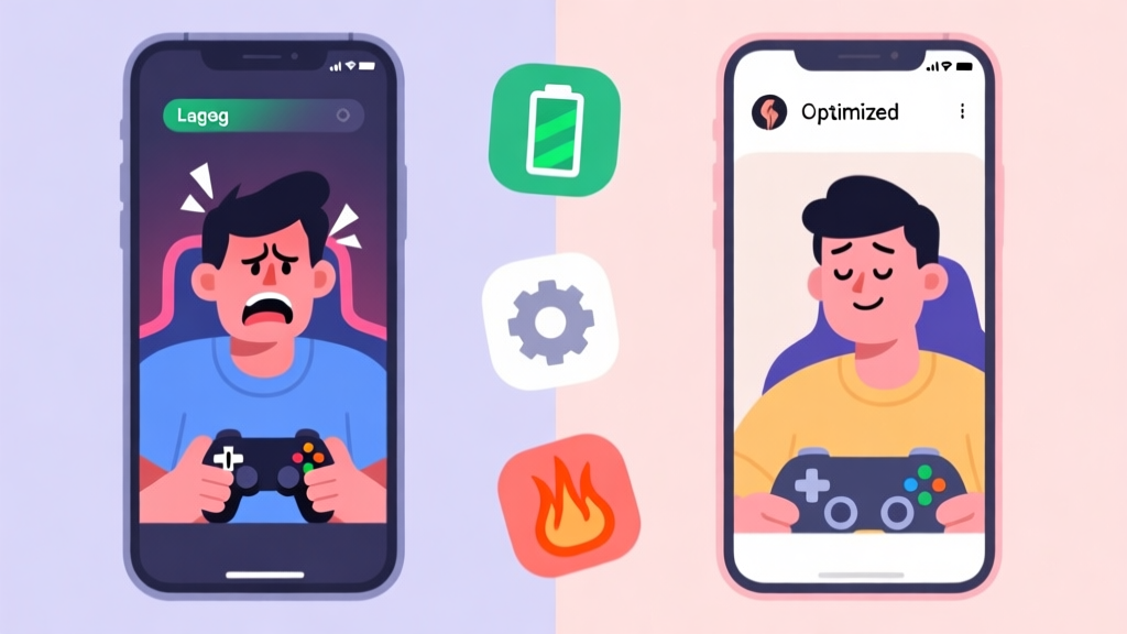 A split-screen illustration showing a frustrated gamer on a lagging phone screen on one side, and a calm, satisfied gamer on a smooth, optimized phone screen on the other, with icons representing common mistakes (battery, settings, heat) floating between them, in a soft pastel color palette high quality illustration, detailed, 16:9