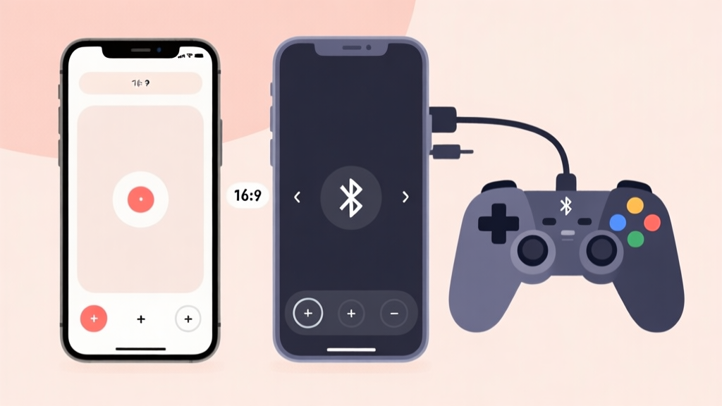 Side-by-side comparison of a smartphone with on-screen touch controls and a smartphone paired with a Bluetooth gamepad, minimalist illustration with labels, soft color palette high quality illustration, detailed, 16:9