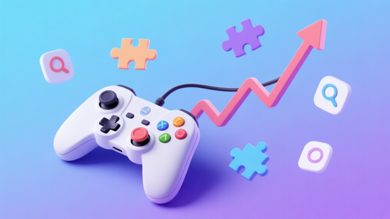 自动生成图片: A conceptual illustration of a game controller connected to a rising graph line, with puzzle pieces and search icons floating around, in a soft gradient background with blues and purples high quality illustration, detailed, 16:9