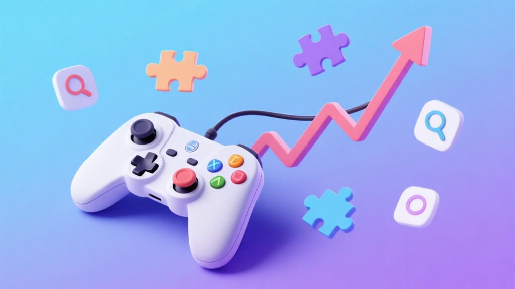 A conceptual illustration of a game controller connected to a rising graph line, with puzzle pieces and search icons floating around, in a soft gradient background with blues and purples high quality illustration, detailed, 16:9