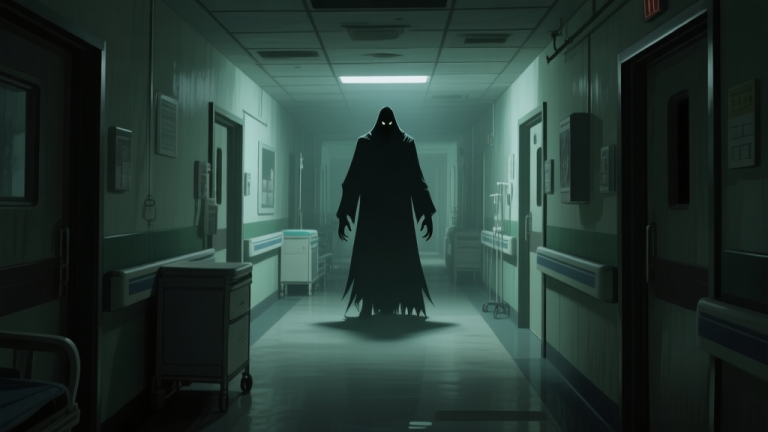 自动生成图片: A dark, atmospheric game scene showing a shadowy, imposing figure (Doctor Boom) in a dimly lit hospital corridor, viewed from a first-person perspective, soft horror color palette with muted greens and grays high quality illustration, detailed, 16:9