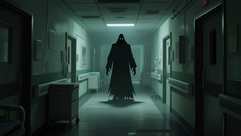 A dark, atmospheric game scene showing a shadowy, imposing figure (Doctor Boom) in a dimly lit hospital corridor, viewed from a first-person perspective, soft horror color palette with muted greens and grays high quality illustration, detailed, 16:9