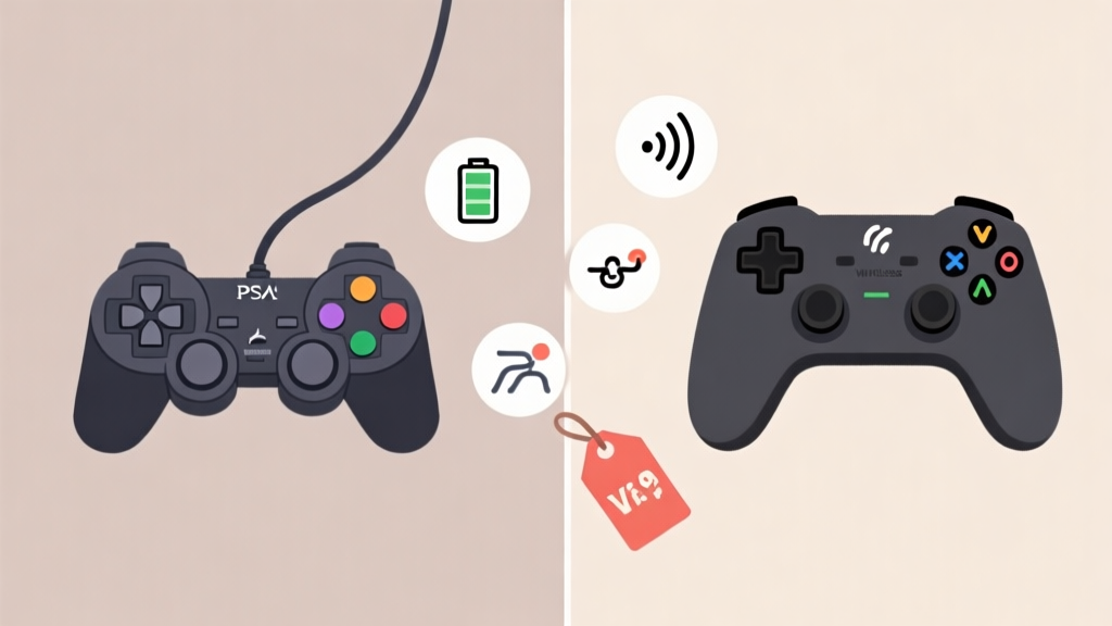 A split-screen illustration showing a classic wired PS2 controller on the left and a modern wireless gamepad on the right, with icons representing evaluation criteria like battery, signal waves, ergonomics, and price tag floating between them, in a soft neutral color palette high quality illustration, detailed, 16:9