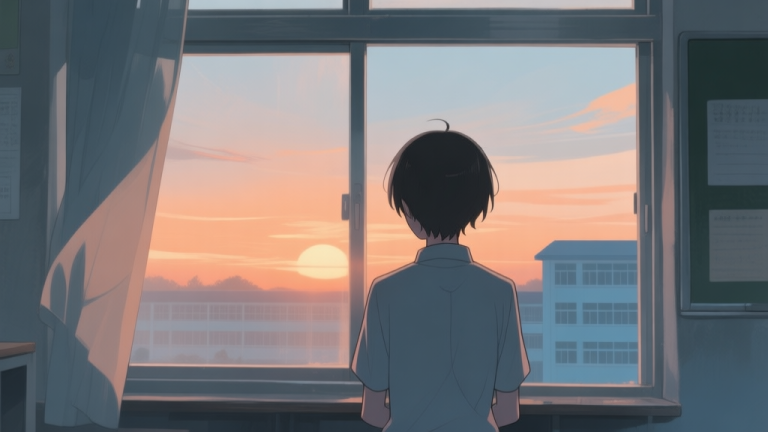 自动生成图片: A soft, illustrative scene showing a stylized, ambiguous anime-style character (senpai) seen from behind, looking into a sunset or school window, with a warm but melancholic color palette of soft oranges, blues, and greys, evoking a sense of mystery and longing high quality illustration, detailed, 16:9