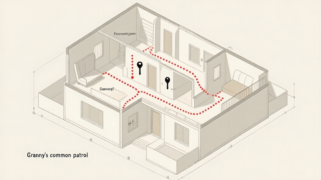 Top-down blueprint illustration of a multi-story house with key rooms labeled, showing Granny's common patrol paths in red dotted lines, minimalist style with muted colors high quality illustration, detailed, 16:9