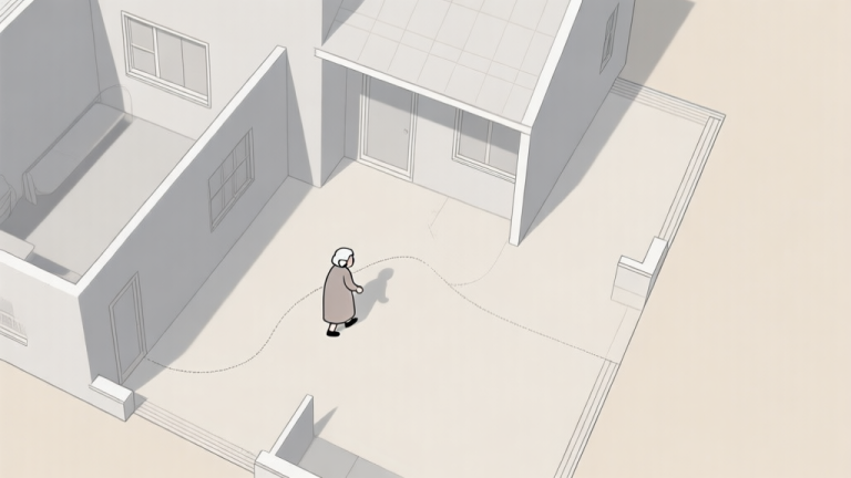 自动生成图片: A minimalist top-down blueprint of a house layout, with a simple figure representing Granny moving along a predictable path, soft grey and beige color scheme, clean lines high quality illustration, detailed, 16:9