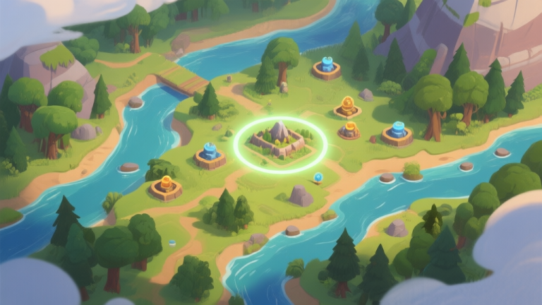 自动生成图片: Top-down view of a lush prehistoric game landscape with rivers, forests, and resource nodes, a glowing circle highlighting an optimal settlement location, soft natural color palette high quality illustration, detailed, 16:9