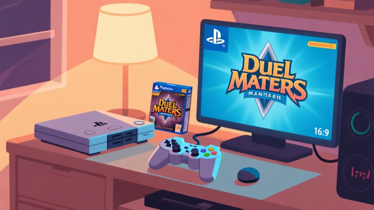 自动生成图片: A cozy gaming setup with a PlayStation 2 console and controller, a Duel Masters game case on screen, soft warm lighting, flat illustration style high quality illustration, detailed, 16:9