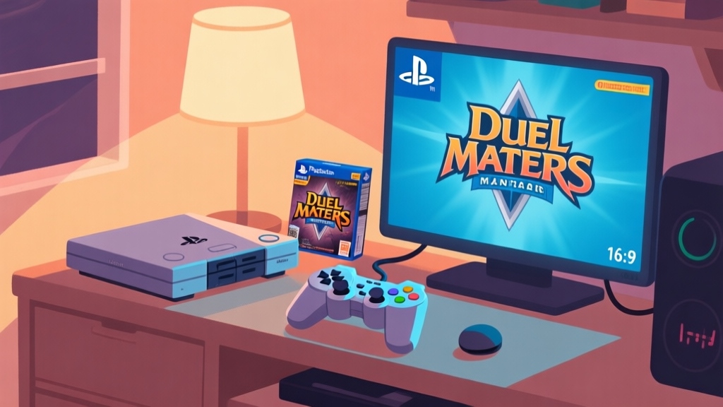 A cozy gaming setup with a PlayStation 2 console and controller, a Duel Masters game case on screen, soft warm lighting, flat illustration style high quality illustration, detailed, 16:9