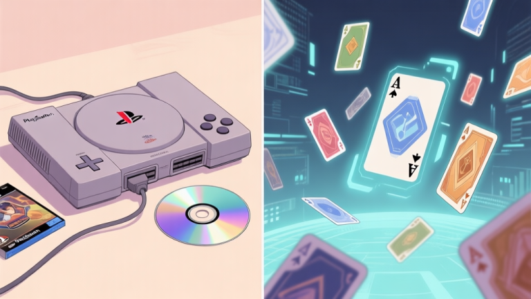 自动生成图片: A split-screen illustration showing a vintage PlayStation 2 console on one side with a game disc, and on the other side, a stylized collection of virtual trading cards floating in a digital space, representing the bridge between physical nostalgia and modern TCG interest. Soft, muted color palette. high quality illustration, detailed, 16:9