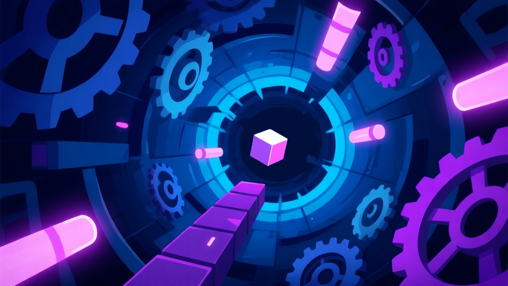 A stylized, intense gameplay scene from a rhythm platformer, showing a tiny cube navigating a chaotic tunnel of spinning gears, flashing lights, and tight spaces, in a dark blue and neon purple color scheme, conveying a sense of overwhelming challenge high quality illustration, detailed, 16:9