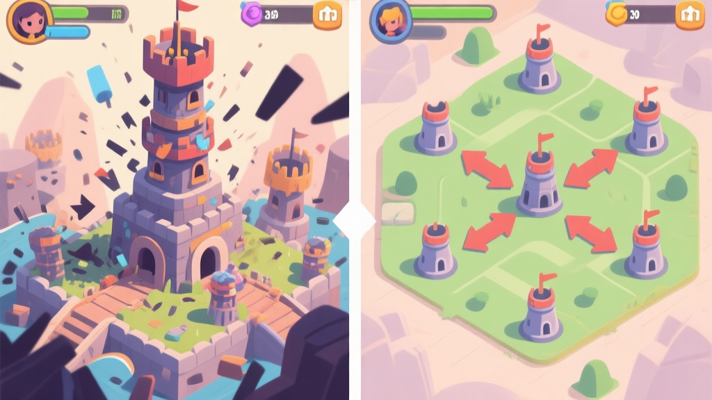 A split-screen game illustration showing a chaotic tower defense layout on the left and an optimized, strategic layout on the right, with arrows indicating tower relocation, in a soft color palette high quality illustration, detailed, 16:9