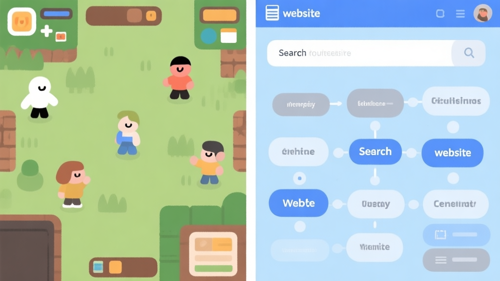 A split-screen illustration showing a casual game scene on one side with simple characters, and on the other side, a stylized flowchart of search terms and website connections, using a soft color palette of blues and grays high quality illustration, detailed, 16:9