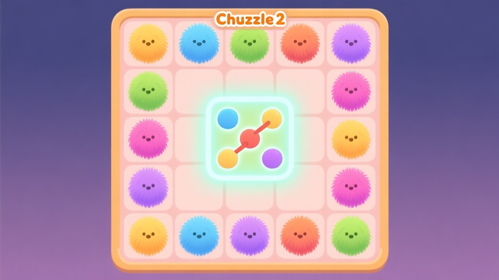 A clean, flat design illustration of the Chuzzle 2 game board, showing colorful fuzzy Chuzzles arranged in a grid, with a glowing match-three combination highlighted in the center, soft pastel color palette high quality illustration, detailed, 16:9