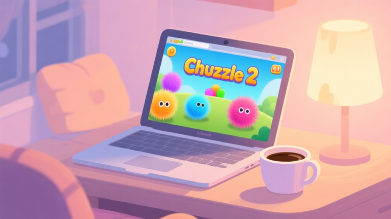 自动生成图片: A cozy, inviting game setup with a laptop running Chuzzle 2 on screen, showing colorful fuzzy Chuzzles, soft warm lighting, a cup of coffee beside it, in a flat illustration style with pastel colors high quality illustration, detailed, 16:9