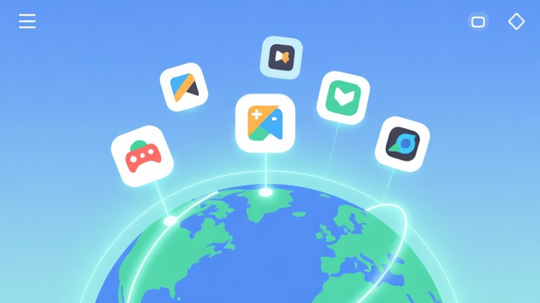 自动生成图片: A clean, minimalist illustration of a game hub interface with multiple game icons floating above a globe, connected by subtle glowing lines, soft blue and green color palette, flat design style high quality illustration, detailed, 16:9