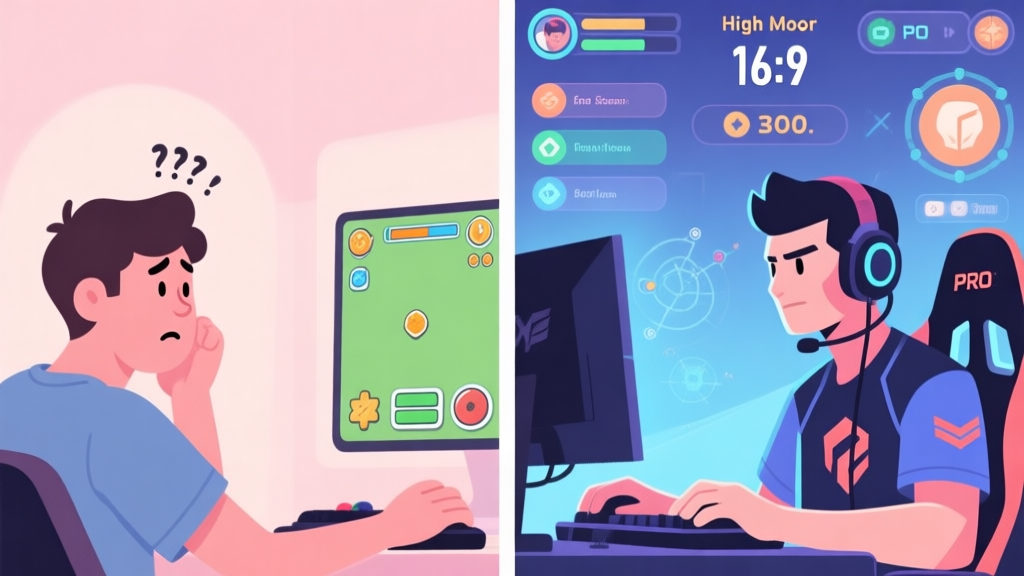 A split-screen illustration showing a casual gamer looking confused at a simple game screen on one side, and a confident pro gamer with multiple strategic UI elements and a high score on the other side, in a soft pastel color palette high quality illustration, detailed, 16:9