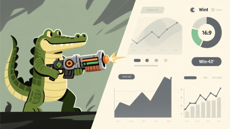 自动生成图片: A dynamic split-screen game illustration showing a stylized crocodile character on one side wielding a unique weapon, and on the other side, abstract data charts and win-rate graphs, all in a muted color palette of olive green, slate grey, and cream high quality illustration, detailed, 16:9