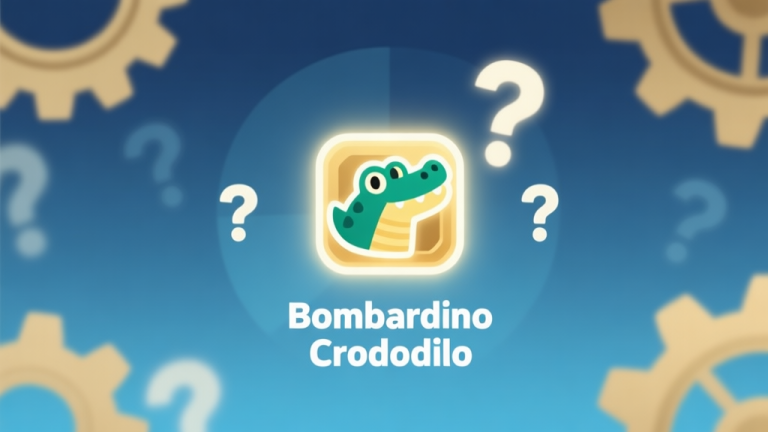 自动生成图片: A stylized, minimalist illustration of a game interface with a glowing, unique item icon labeled "Bombardino Crododilo" in the center, surrounded by faint question marks and gears, soft blue and gold color palette high quality illustration, detailed, 16:9