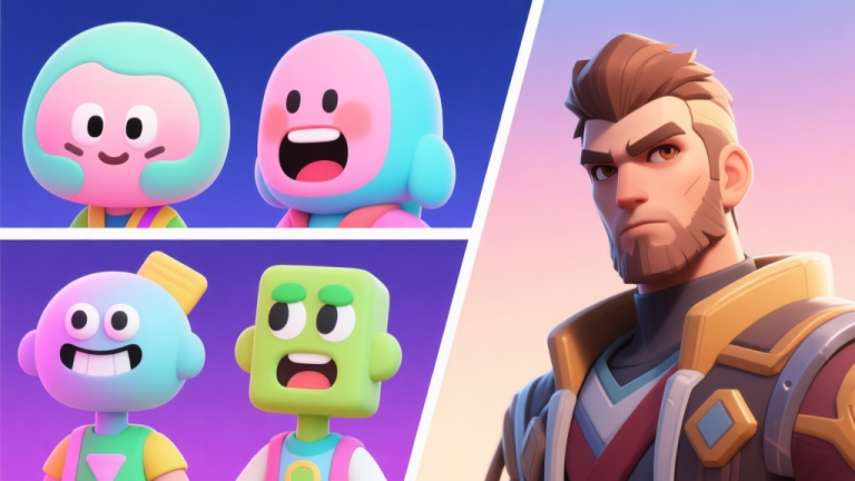 自动生成图片: A vibrant collage showing contrasting game character art styles: one side with exaggerated, meme-like characters with big heads and pastel colors, the other with realistic, detailed AAA-style characters, soft gradient background high quality illustration, detailed, 16:9