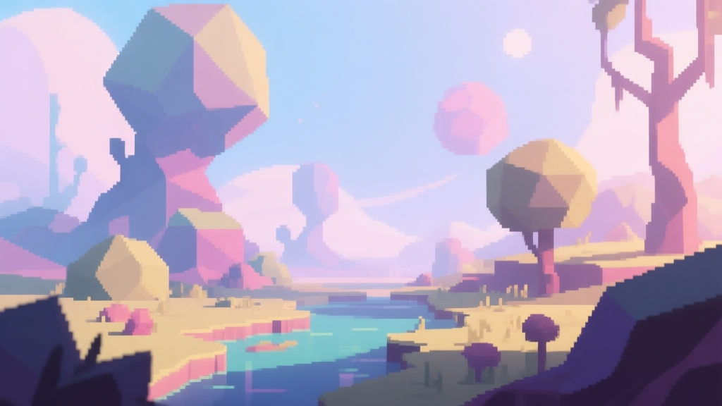 A surreal and nostalgic video game landscape with a mix of low-poly and pixel art elements, soft dreamlike lighting, pastel colors, and ambiguous shapes, evoking a sense of mystery and undefined aesthetic high quality illustration, detailed, 16:9