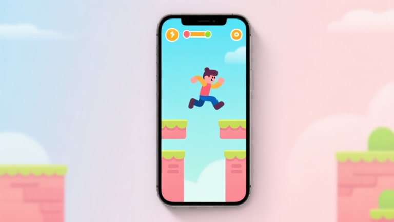 自动生成图片: A minimalist smartphone screen showing a vibrant, simple hyper-casual game interface with a character jumping between platforms, soft pastel background, clean and inviting aesthetic high quality illustration, detailed, 16:9