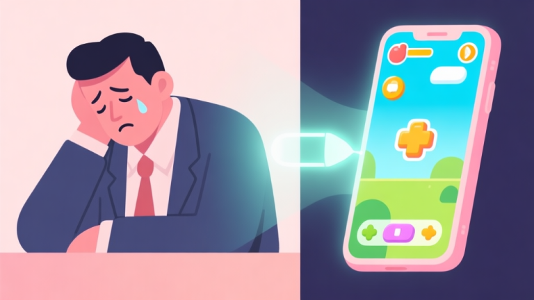 自动生成图片: A split-screen illustration showing a tired professional on one side and a vibrant, simple mobile game interface on the other, connected by a glowing phone screen, using soft pastel colors and a clean flat design style high quality illustration, detailed, 16:9