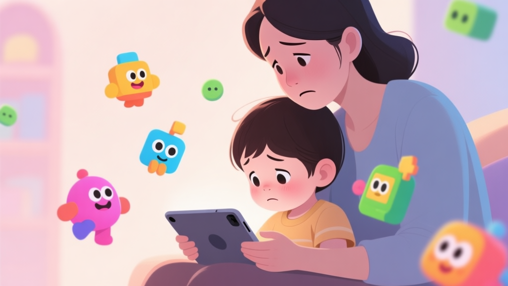 A concerned parent looking at a young child engrossed in a tablet, with colorful game characters floating around the child, soft pastel color palette, gentle lighting high quality illustration, detailed, 16:9
