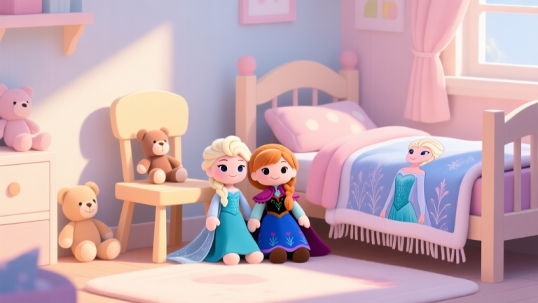 自动生成图片: A cozy children's playroom scene with soft toys, a Frozen-themed blanket draped over a small chair, and two plush dolls of Elsa and Anna sitting together, warm afternoon lighting, soft pastel colors, flat illustration style high quality illustration, detailed, 16:9