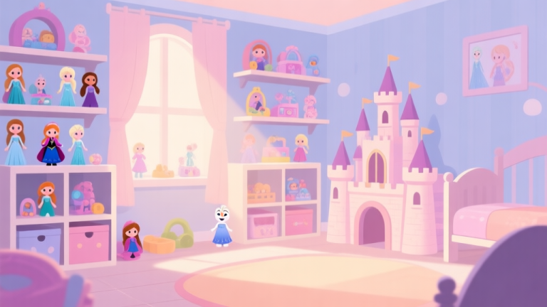 自动生成图片: A cozy, softly lit children's playroom with various Frozen-themed toys (dolls, figures, a small castle) neatly organized on shelves, in a gentle pastel color palette, flat illustration style high quality illustration, detailed, 16:9