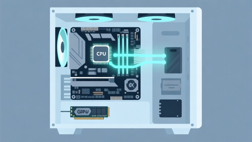 An exploded view diagram of a modern gaming PC, highlighting the motherboard at the center with soft glowing connections to CPU, GPU, RAM, and storage, in a minimalist flat design style with a soft blue and grey color palette high quality illustration, detailed, 16:9