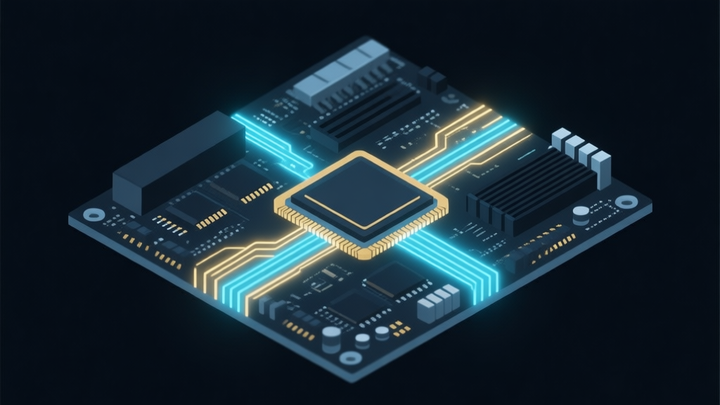 A minimalist, cross-sectional diagram of a gaming motherboard, highlighting data pathways with soft glowing lines in blue and gold, set against a dark background high quality illustration, detailed, 16:9