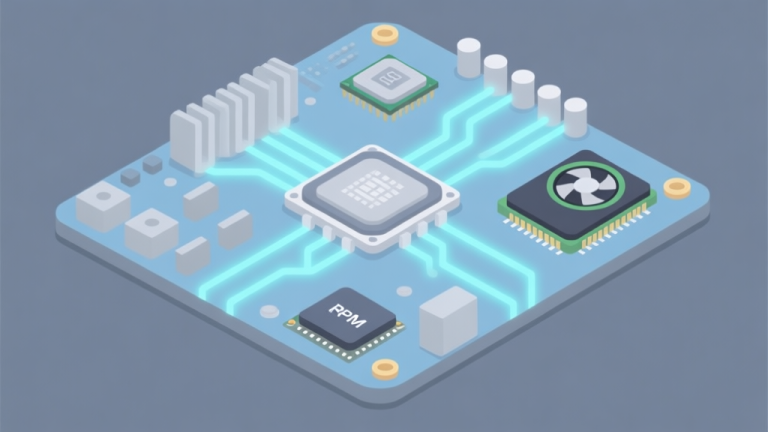 自动生成图片: A stylized, simplified diagram of a computer motherboard with glowing data pathways (bus) connecting CPU, RAM, and GPU, using a soft blue and grey color scheme, flat design style high quality illustration, detailed, 16:9