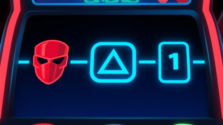 自动生成图片: A modern, sleek video slot machine interface on a dark screen, featuring stylized icons of a red guard mask, a circle-triangle-square shape, and a player number, with glowing paylines connecting them, in a cool blue and red color scheme high quality illustration, detailed, 16:9