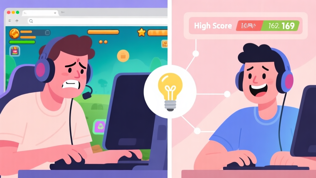 A split-screen illustration showing a casual gamer looking frustrated at a browser game on one side, and on the other side, the same gamer smiling with a high score display, connected by a lightbulb icon in the middle, using a soft pastel color palette high quality illustration, detailed, 16:9
