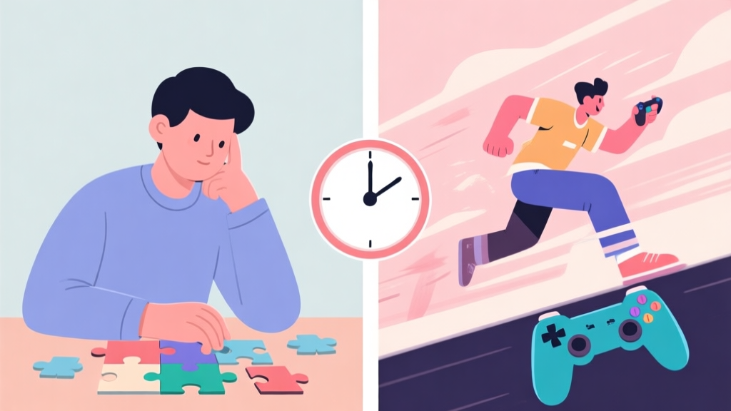 Split-screen illustration showing a calm, thoughtful person solving a puzzle on one side, and an energetic person engaged in fast-paced action gameplay on the other, with a clock in the middle, soft pastel colors high quality illustration, detailed, 16:9