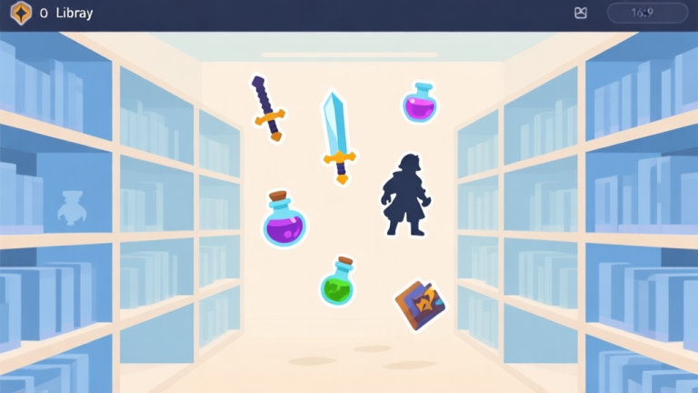 自动生成图片: A serene digital library interface with floating game icons like swords, potions, and character silhouettes, organized on neat shelves, soft pastel blue and beige color scheme, flat design style high quality illustration, detailed, 16:9