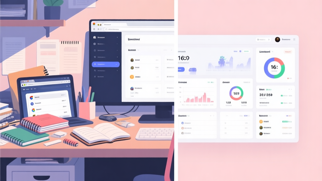 A split-screen illustration showing a cluttered desk with multiple open browser tabs and notebooks on one side, versus a clean, organized digital dashboard displaying unified game data on the other, in a soft pastel color scheme high quality illustration, detailed, 16:9