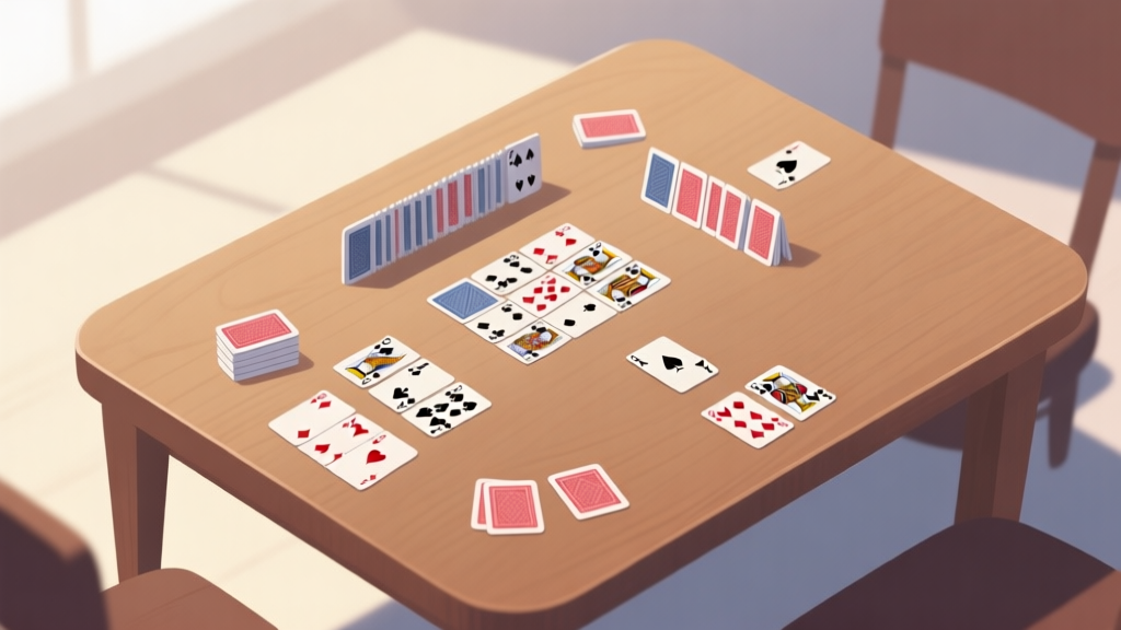 A clean, minimalist top-down view of a Solitaire (Klondike) game layout in progress on a wooden table, soft natural lighting, cards partially sorted into foundations and tableau, conveying a sense of calm and strategy high quality illustration, detailed, 16:9