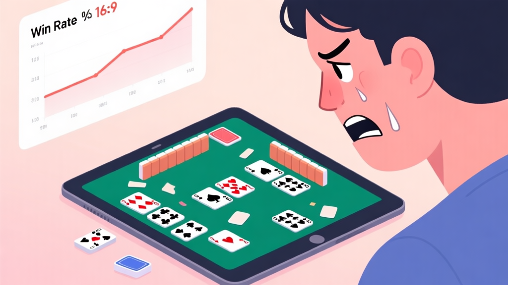A frustrated person looking at a messy Solitaire game layout on a digital tablet, with a clear win rate statistic graph showing a flat line in the background, soft pastel colors high quality illustration, detailed, 16:9