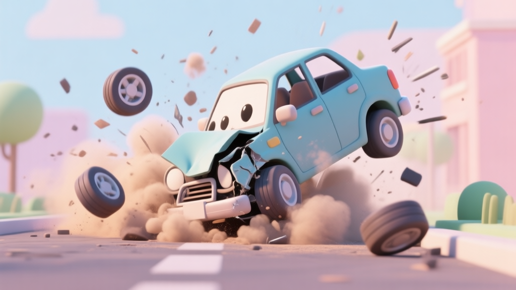 A playful and chaotic video game scene in a soft pastel color palette, showing a cartoonish car crash in slow motion with exaggerated physics, dust clouds, and flying wheels, minimalist 3D style high quality illustration, detailed, 16:9