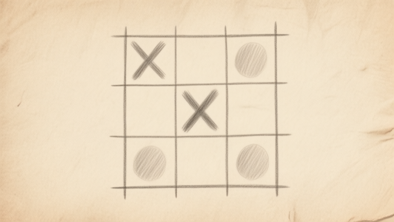 自动生成图片: A hand-drawn 3x3 grid on a rustic paper, with simple X and O marks in soft pencil shades, evoking a sense of beginner-friendly learning and nostalgia high quality illustration, detailed, 16:9