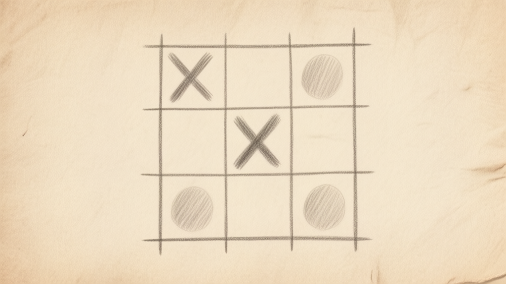 A hand-drawn 3x3 grid on a rustic paper, with simple X and O marks in soft pencil shades, evoking a sense of beginner-friendly learning and nostalgia high quality illustration, detailed, 16:9