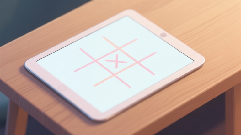 自动生成图片: A clean, minimalist 3x3 Tic Tac Toe grid drawn on a digital tablet, with soft pastel colors for the grid lines, resting on a wooden table. The focus is on the empty board's potential. high quality illustration, detailed, 16:9