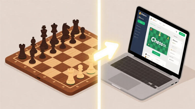 自动生成图片: A split-screen illustration showing a classic wooden chessboard on the left and a modern laptop screen displaying a Chess.com game interface on the right, connected by a glowing arrow, soft neutral background high quality illustration, detailed, 16:9