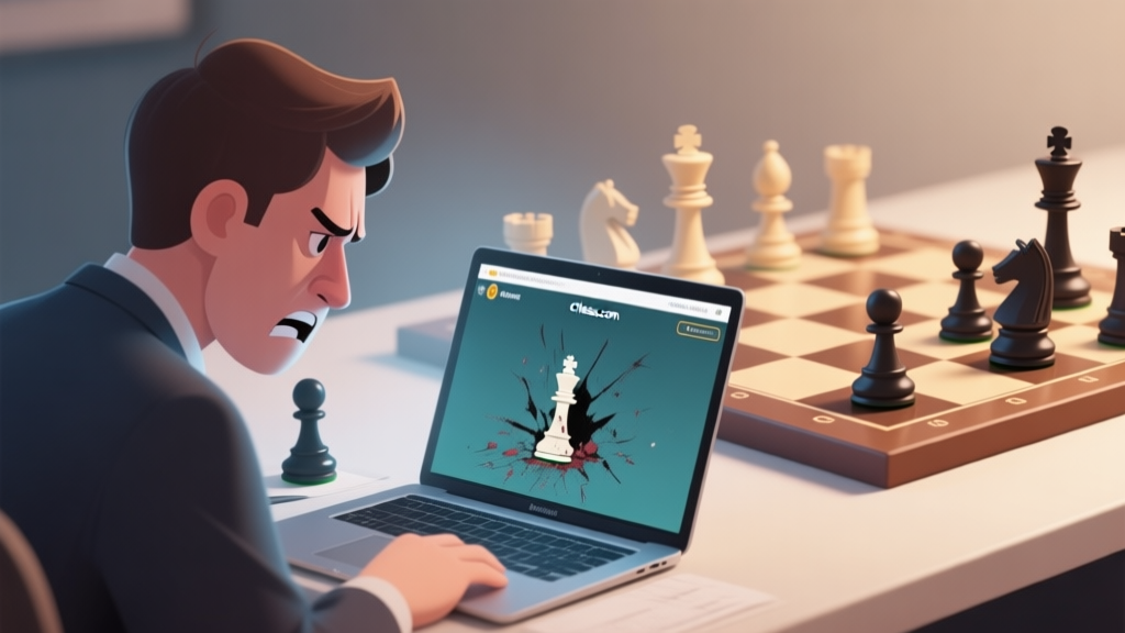 A frustrated chess player looking at a laptop screen showing a lost game on Chess.com, with a 3D chessboard in the background showing a blunder, soft lighting, muted colors high quality illustration, detailed, 16:9